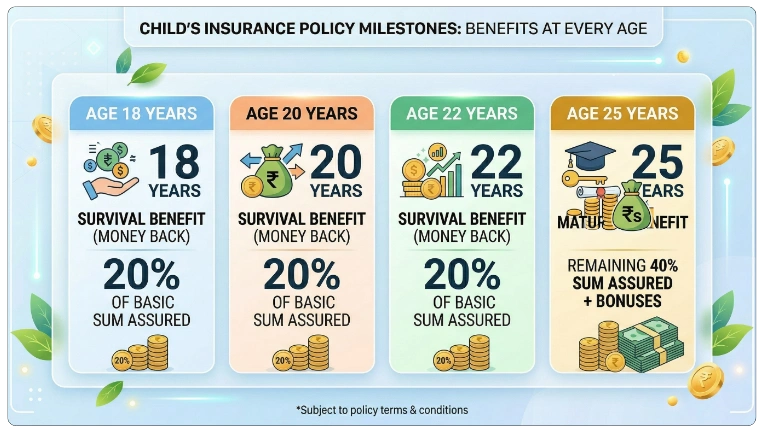 Benefits Timeline of LIC New Children Money Back Plan 832